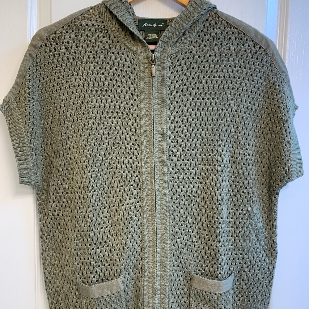 Eddie Bauer Crochet Short Sleeves Full Zip Hoodie Vest - Large - Olive - NWOT
